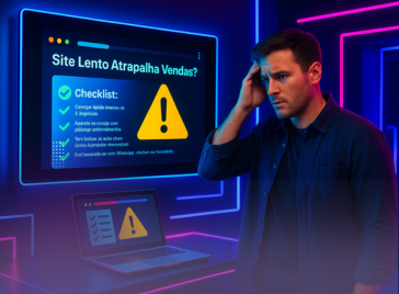 Homem confuso em frente a tela com alerta de site lento e checklist em escritório futurista.